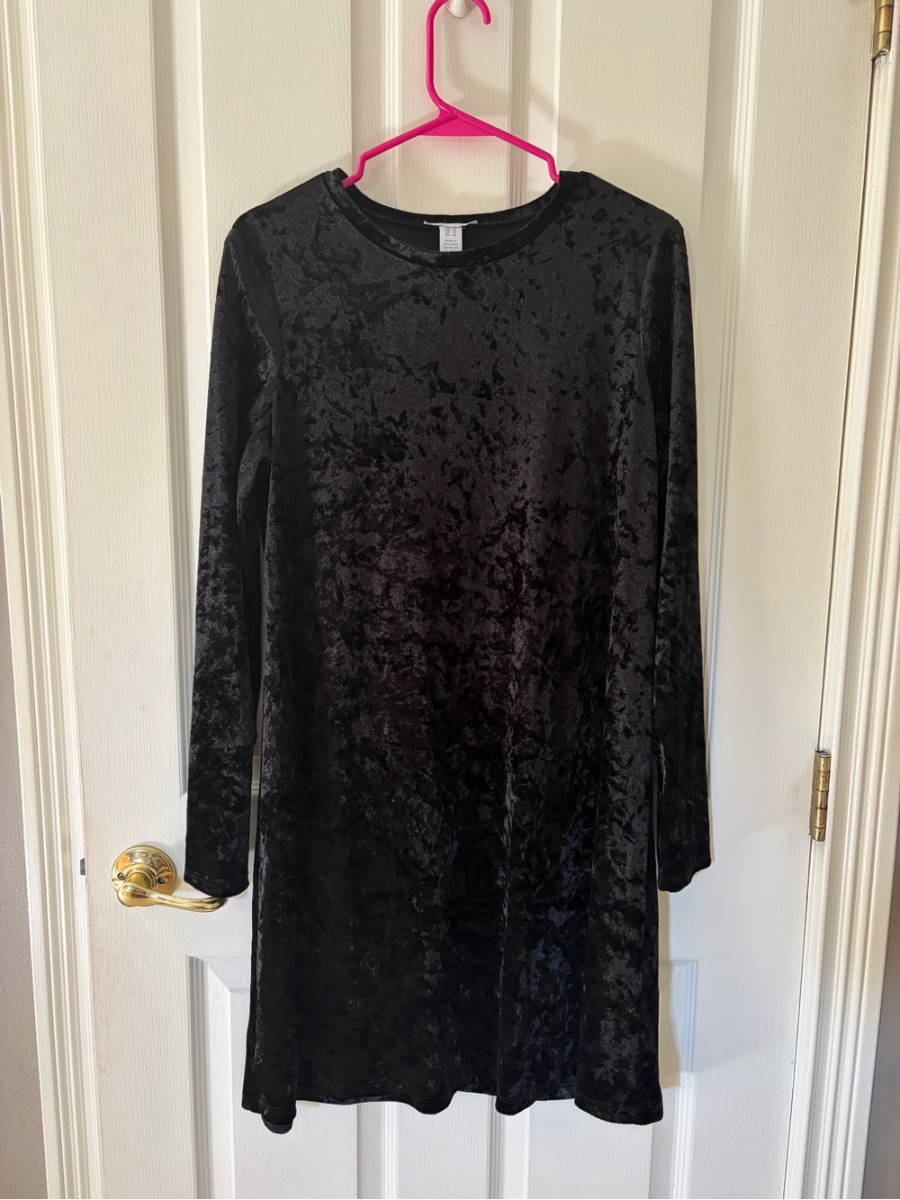 London Times Black Crushed Velvet Tunic Dress Size 10